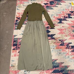 Twofer Mock Neck Olive Green Long Sleeve Maxi Dress